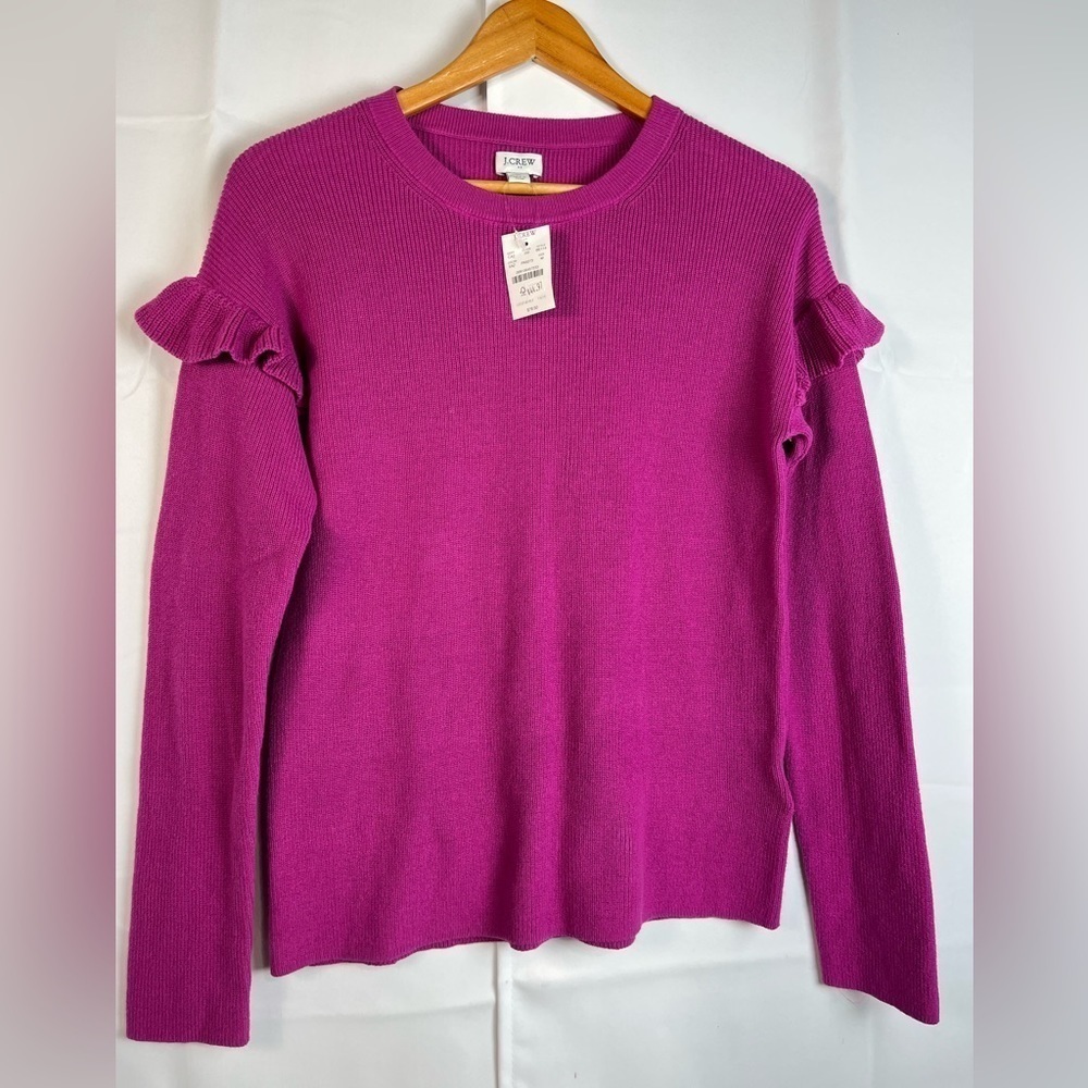J Crew Factory Womens Cotton Ruffle Sleeves Knit Pink Azalia Sweater Sz M NWT